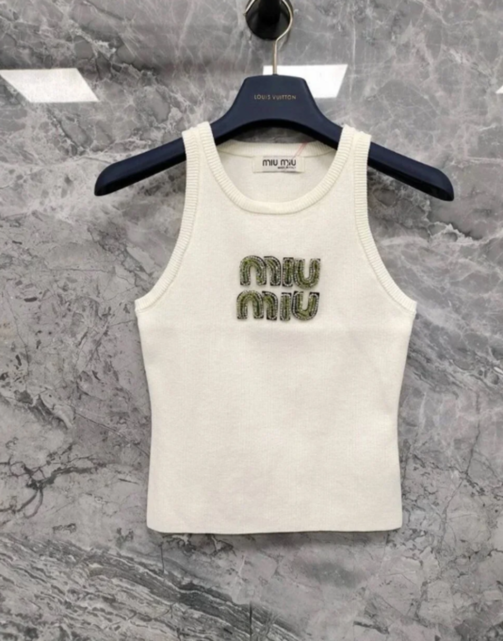 Miu Miu Cream Knit Tank with Green Beaded Logo